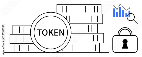 Stack of tokens labeled TOKEN, bar graph with magnifier analyzing data, and security lock. Ideal for finance, crypto, data security, investment, analysis technology and blockchain themes. Line