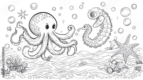 Undersea Coloring Page, Octopus & Seahorse, Bubbles, Stars, Coloring Book, Printable, Educational, Kids photo