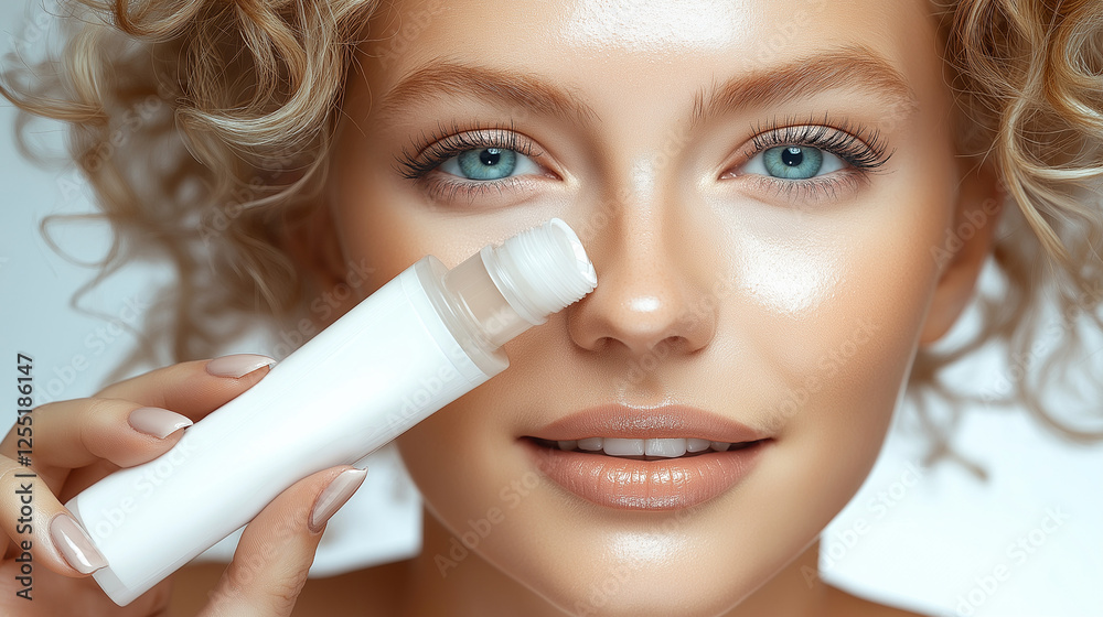 Close-up photo of a caucasian woman with blonde curly hair and blue eyes, holding a white cosmetic tube next to her face.
Close-up photo of a caucasian woman with blonde curly hair and blue eyes, holding a white cosmetic tube next to her face.