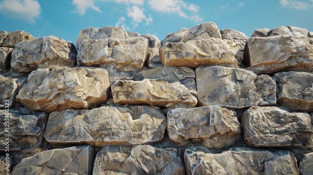 texture of an ancient stone wall, with rounded stones arranged in horizontal rows texture of an ancient stone wall, with rounded stones arranged in horizontal rows