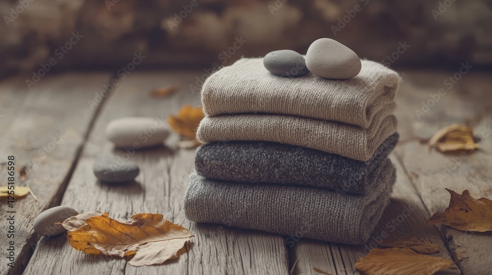 Stacked Knit Garments with Autumn Elements on Rustic Surface Stacked Knit Garments with Autumn Elements on Rustic Surface