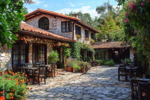 Rustic outdoor cafe with tables and chairs surrounded by greenery