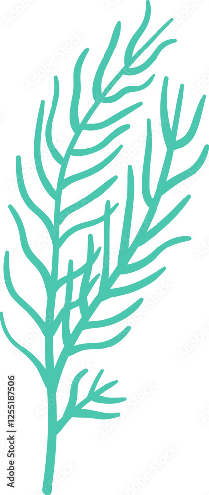 Minimalist vector illustration of a light green sprig with thin elongated leaves growing upwards, isolated on a white background, representing concepts of growth, nature, and simplicity Minimalist vector illustration of a light green sprig with thin elongated leaves growing upwards, isolated on a white background, representing concepts of growth, nature, and simplicity