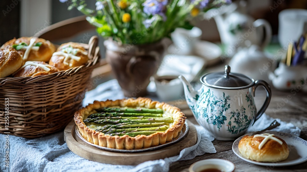 A British countryside Easter setting with an asparagus tart, a steaming pot of tea, and a basket of hot cross buns A British countryside Easter setting with an asparagus tart, a steaming pot of tea, and a basket of hot cross buns