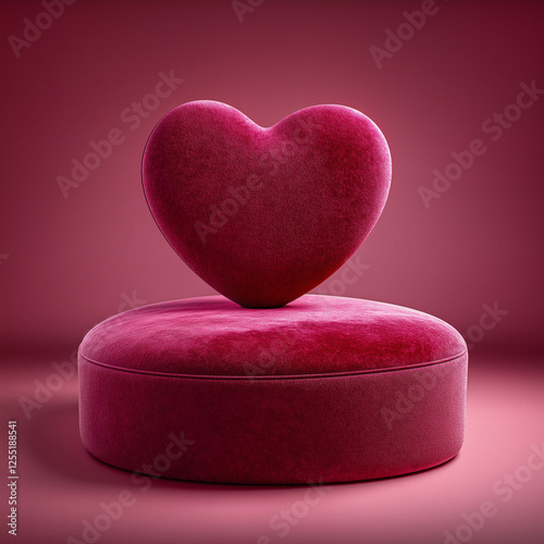 Luxurious velvet podium for product presentation with heart-shaped decor for Valentine’s Day