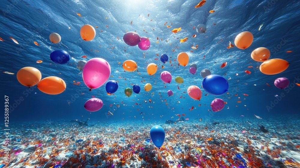 Fototapeta premium Colorful balloons floating underwater in a coral reef filled with fish. Underwater party.
