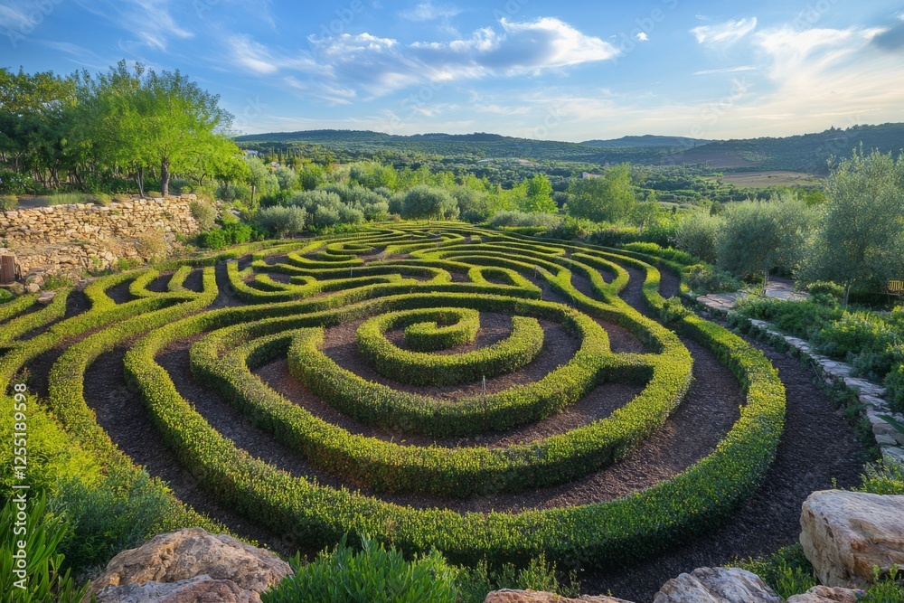 Intricate circular garden with a hedge maze and pathways Intricate circular garden with a hedge maze and pathways