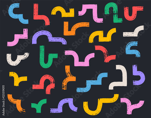 Abstract colored hand drawn bold brush strokes, curved thick lines and arches. Abstract elements for collages. Grunge vector geometric kid elements. Chaotic abstract shapes in doodle grunge style