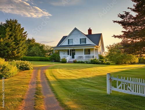 Charming white farmhouse at sunset with lush green landscape and pathway. Generative AI