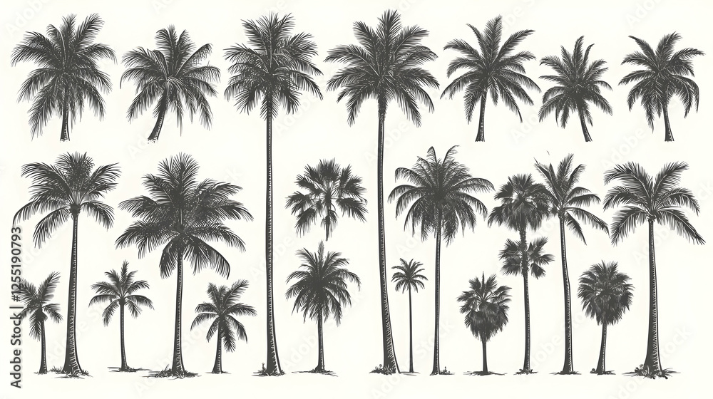 Obraz premium Tropical palm trees sketch collection, white background