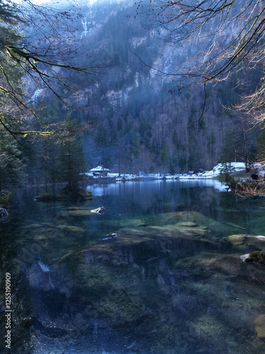 A view in wintertime of the Blue Lake 