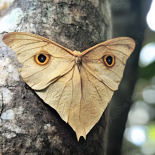 A leaf-mimic butterfly resting on a tree, its wings indistinguishable from actual leaves.