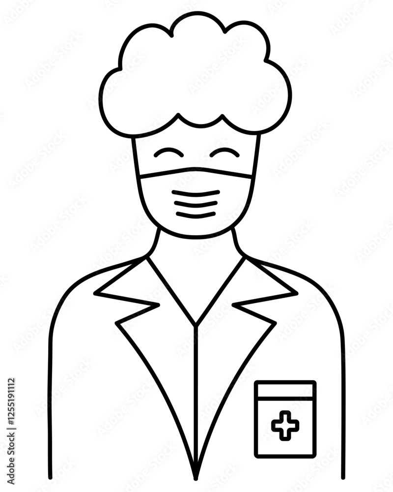 Male doctor in a medical mask. Sketch. Vector icon. Friendly medical worker. Curly hospital worker in a suit, with a cross on his pocket. Outline on an isolated white background. Doodle style. Male doctor in a medical mask. Sketch. Vector icon. Friendly medical worker. Curly hospital worker in a suit, with a cross on his pocket. Outline on an isolated white background. Doodle style.