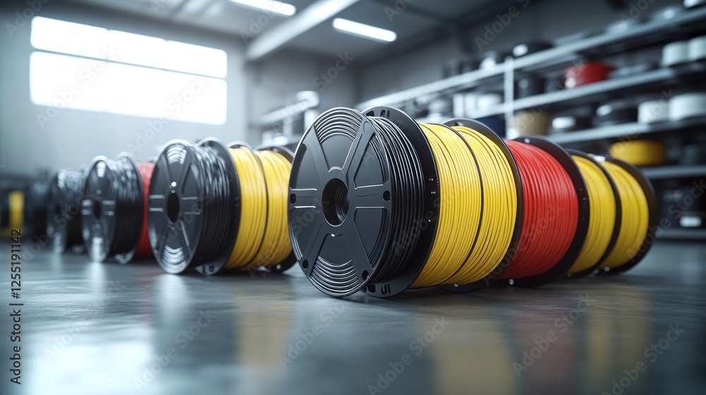 Obraz premium Colorful spools of filament in a factory.