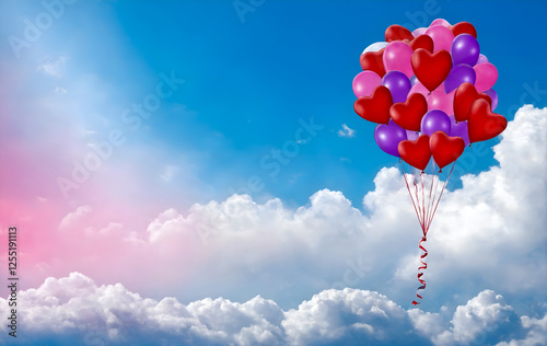 Red balloons in form of heart in the sky.