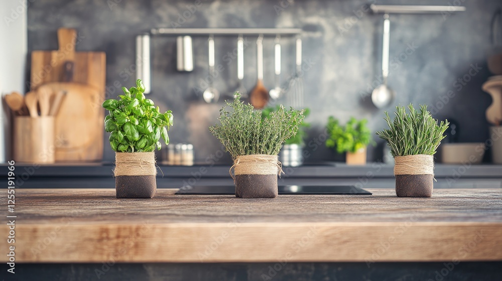 Fototapeta premium A rustic kitchen counter with fresh organic herbs like rosemary, thyme, and basil tied in small bundles