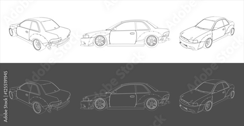 Detailed Side view Drift Racing Car Technical Line Drawing Blueprint Vector Illustration