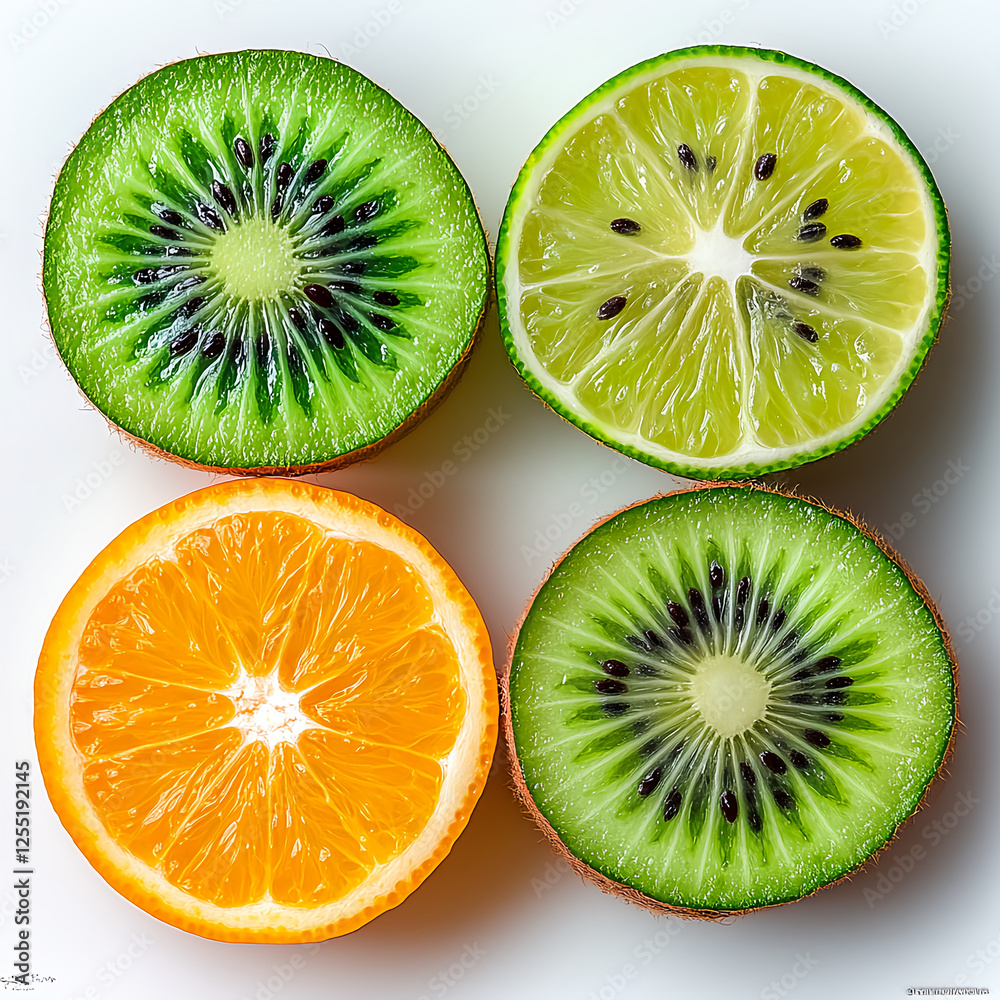 4 pieces of fruit - an orange, a lime, and two kiwis, all cut in half, on a colorful white background, in a top-down view. A realistic, high-resolution, high-quality, high-detail photograph 