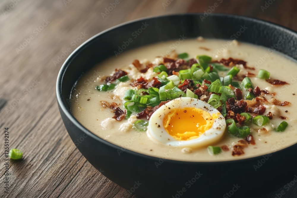 Delicious creamy soup topped with crispy bacon and fresh green onions at a cozy kitchen table setting Delicious creamy soup topped with crispy bacon and fresh green onions at a cozy kitchen table setting
