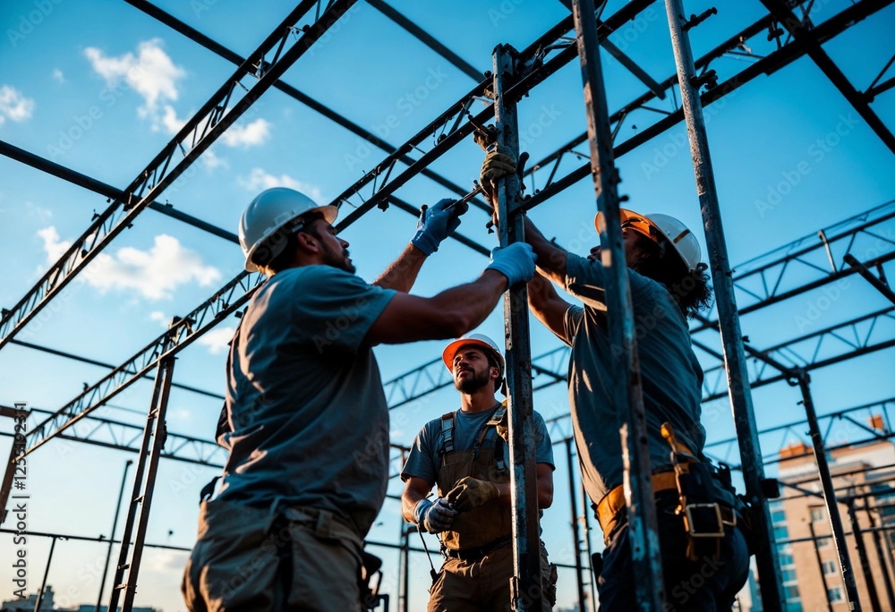 Construction Workers Collaborating on a Steel Framework Under a Blue Sky. Generative AI Construction Workers Collaborating on a Steel Framework Under a Blue Sky. Generative AI