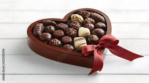 Heart-shaped chocolate box with assorted candies on white wooden background.  Possible use Gift, Valentine's Day, promotion photo