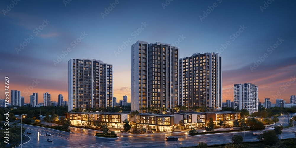 Naklejka premium Modern residential complex in urban setting during evening twilight. Generative AI