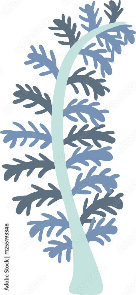 Naklejka premium Stylized fern frond in shades of blue and teal curves elegantly against a white background, its delicate leaflets creating a captivating natural design