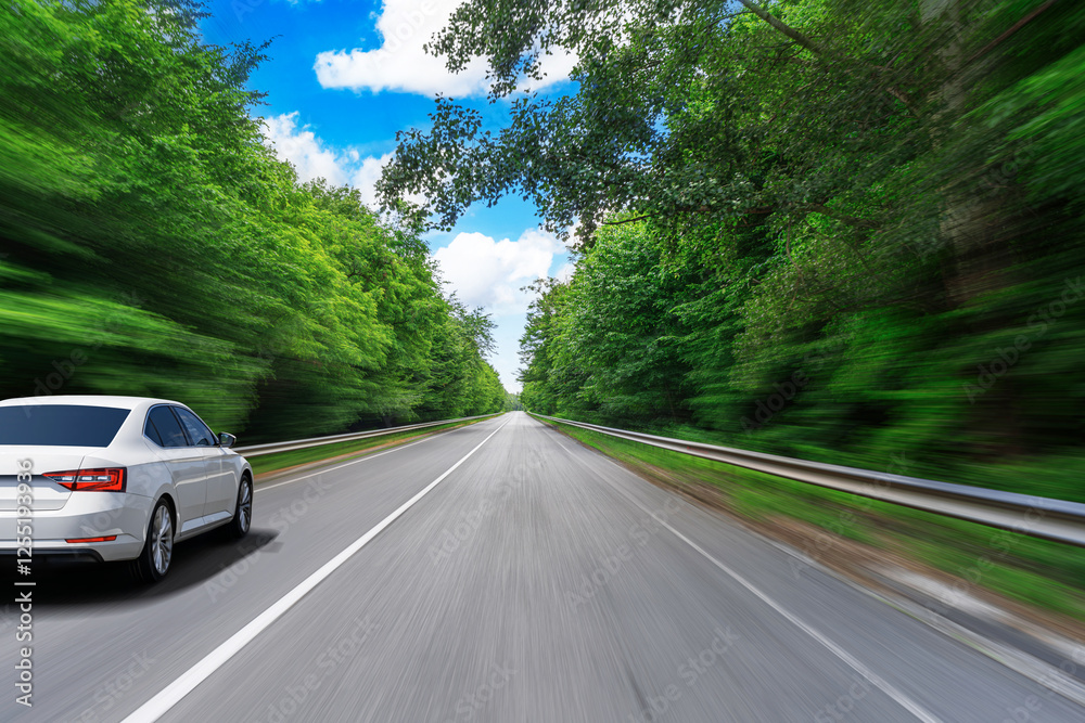 A sleek white sedan is driving at high speed on a smooth highway surrounded by lush green trees under a bright blue sky, creating a dynamic sense of movement and freedom.