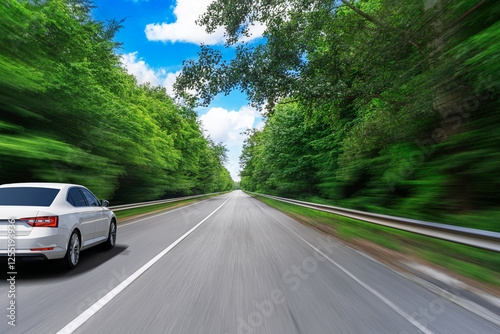 Obraz na płótnie A sleek white sedan is driving at high speed on a smooth highway surrounded by lush green trees under a bright blue sky, creating a dynamic sense of movement and freedom. w salonie