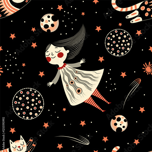 dreams of a girl and a cat against the backdrop of space, stars and planets. seamless vector pattern