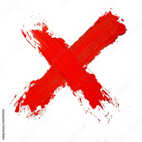 Bold hand painted red X cross mark isolated on white & transparent a background.