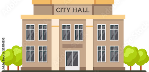 City Hall building surrounded by trees symbolizes local government, embodying administration, civic duties, and community services within the urban landscape