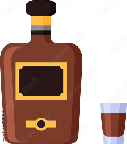 Bottle of liquor with a blank label stands next to a small shot glass containing brown liquor, suggesting a concept of alcohol consumption, bar culture, or relaxation