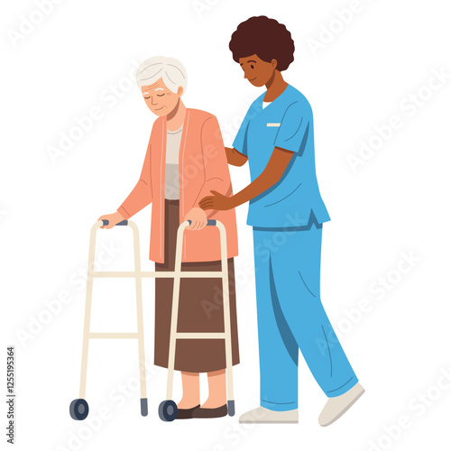 Caregiver Assisting Elderly Woman with Walker