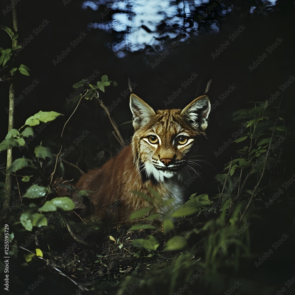 Fototapeta premium A lynx emerging from the underbrush, its tufted ears twitching in the stillness of the night.