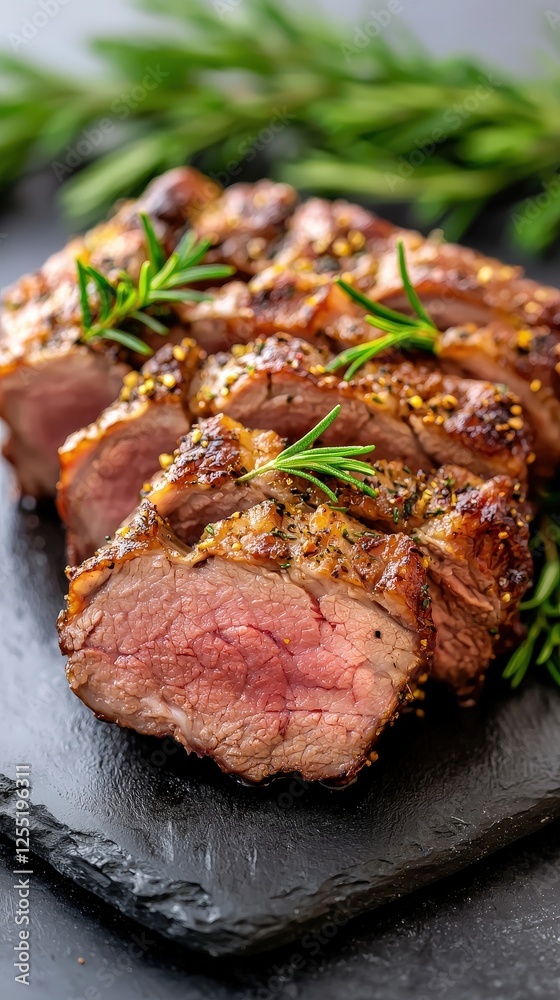 Herb crusted lamb chop on slate board with sprig of rosemary realistic photography of gourmet dish Herb crusted lamb chop on slate board with sprig of rosemary realistic photography of gourmet dish