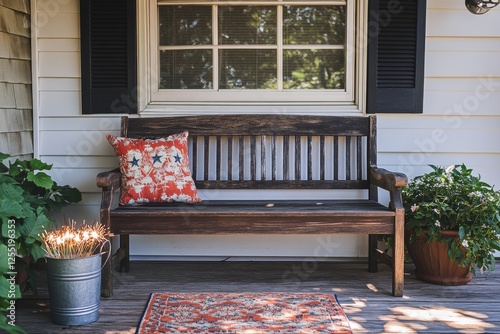 Front porch with a bench and decorative plants in a suburban house