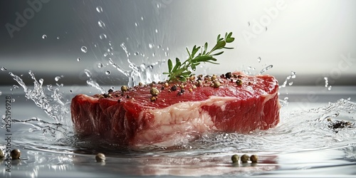 Fresh steak splashes into water with herbs and spices during preparation. Generative AI