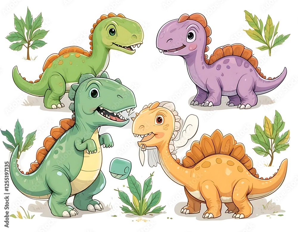 Obraz premium Adorable Cartoon Dinosaurs: Playful Poses in Vibrant Colors