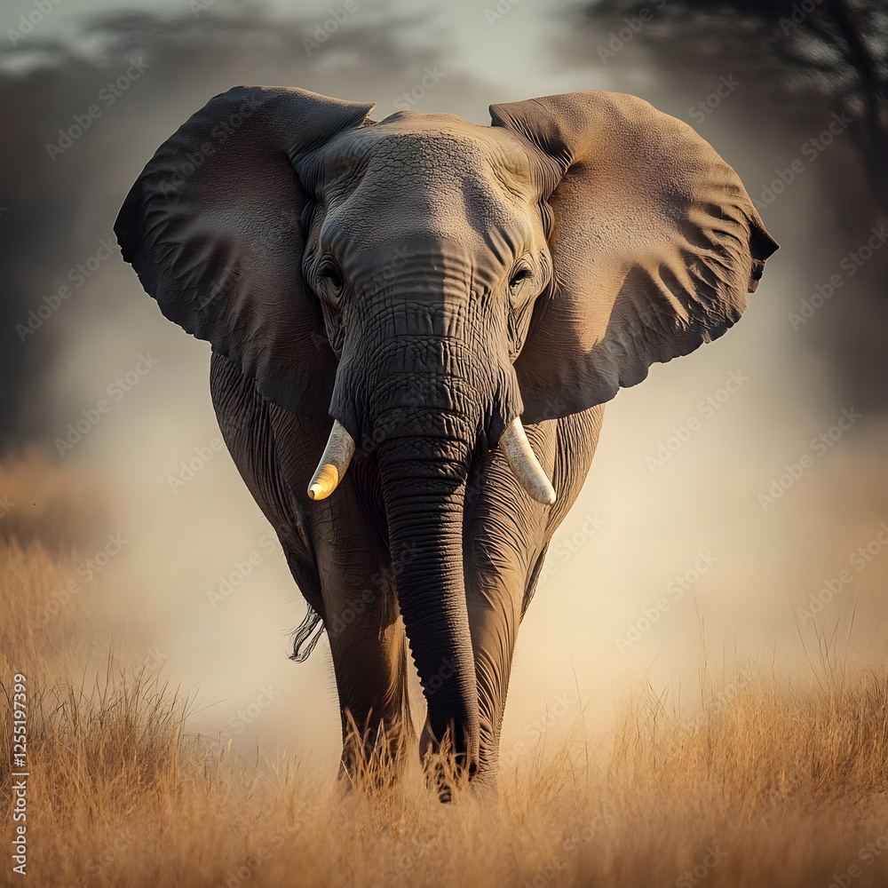 Obraz premium A majestic African elephant walking through golden grasslands, dust rising around its massive feet.