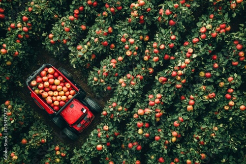 Top view of a lush apple orchard with ripe fruit on trees photo