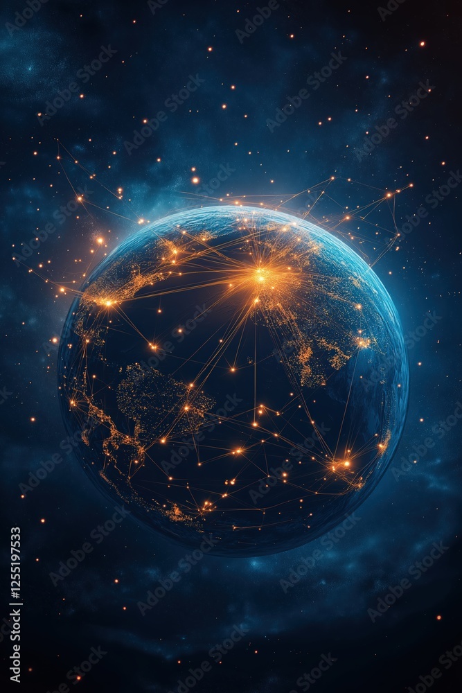 Obraz premium Planet earth showing growing global network and data exchange at night
