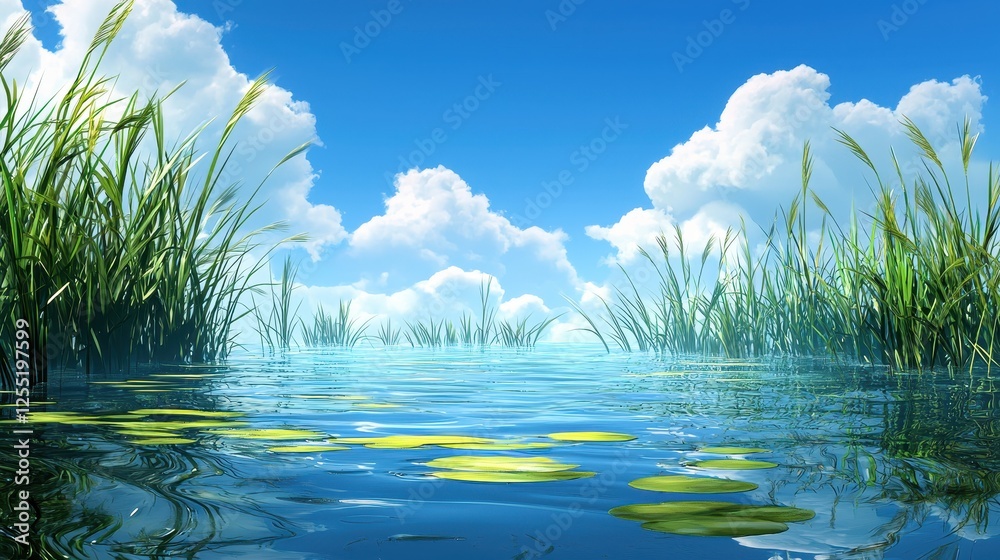 Fototapeta premium Tranquil Pond Reflecting Blue Sky with Fluffy Clouds