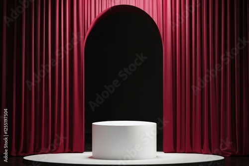 Elegant Red Curtain Stage with Empty Cylinder Display