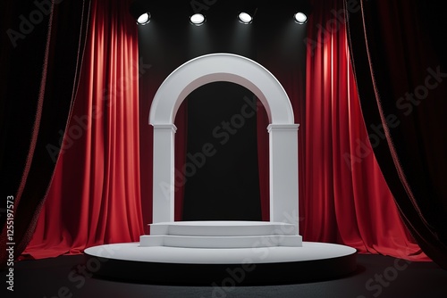 Elegant White Archway Stage with Red Curtains