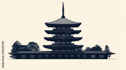 Urban landscape featuring elegant monochrome silhouette of a japanese pagoda