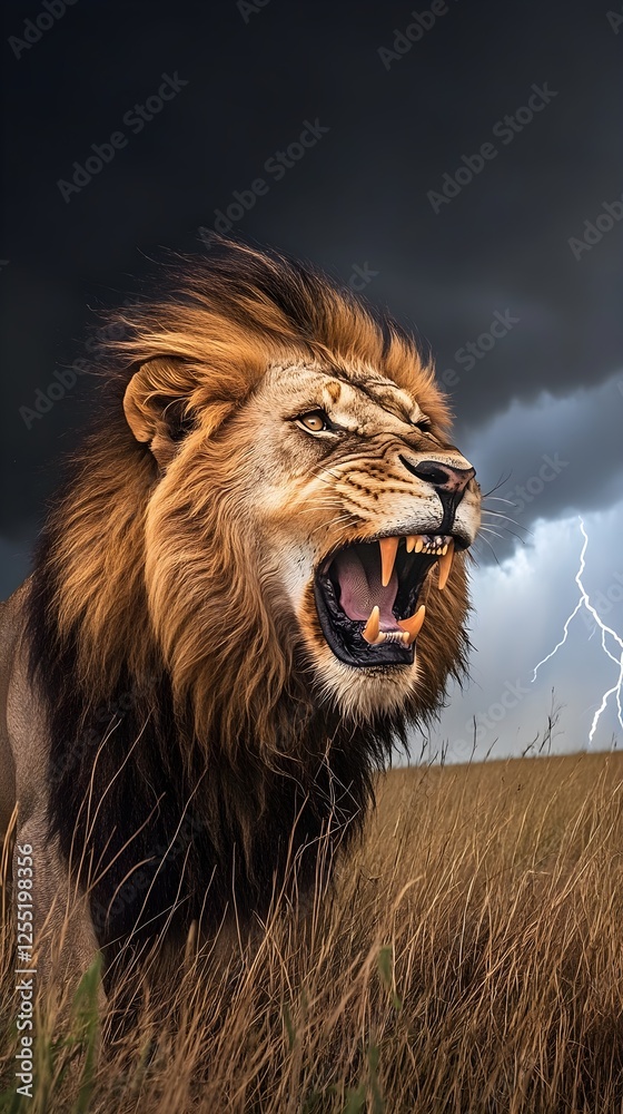 A male lion roaring powerfully under a stormy sky, lightning flashing in the distance. A male lion roaring powerfully under a stormy sky, lightning flashing in the distance.