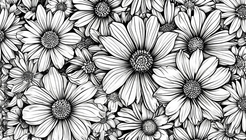 Wallpaper Mural This 3D 4K image showcases an intricate black-and-white illustration of various flowers, featuring detailed petals and centers, creating a captivating and artistic floral pattern. Torontodigital.ca
