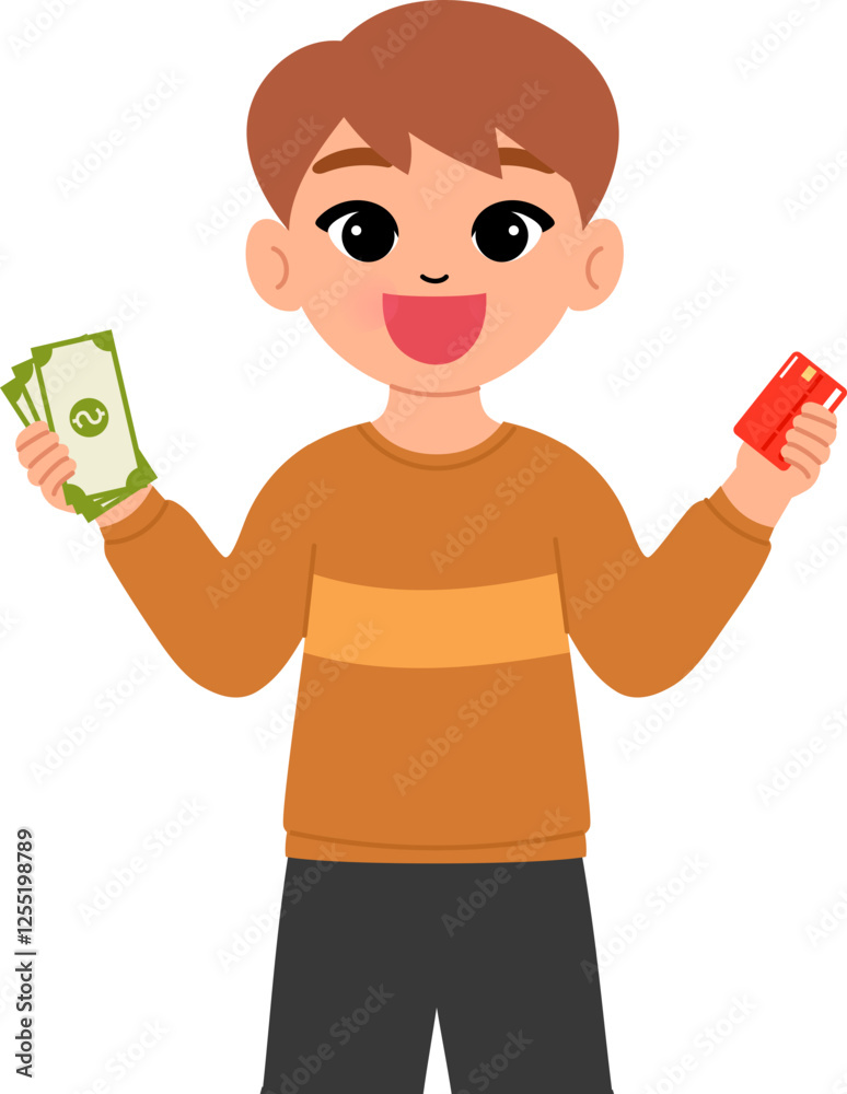 a smiling boy holding cash and credit card illustration a smiling boy holding cash and credit card illustration