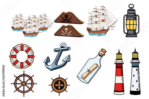Collection of nautical-themed vector illustrations maritime elements with outlines and vintage style. Hand drawn set. Vector illustration isolated on white background